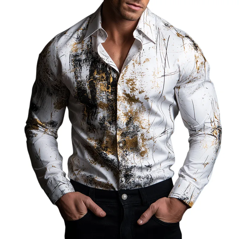 Men's Retro Casual Black And Gold Gradient Lapel Long Sleeve Shirt MTA0632H1TO made by Manly