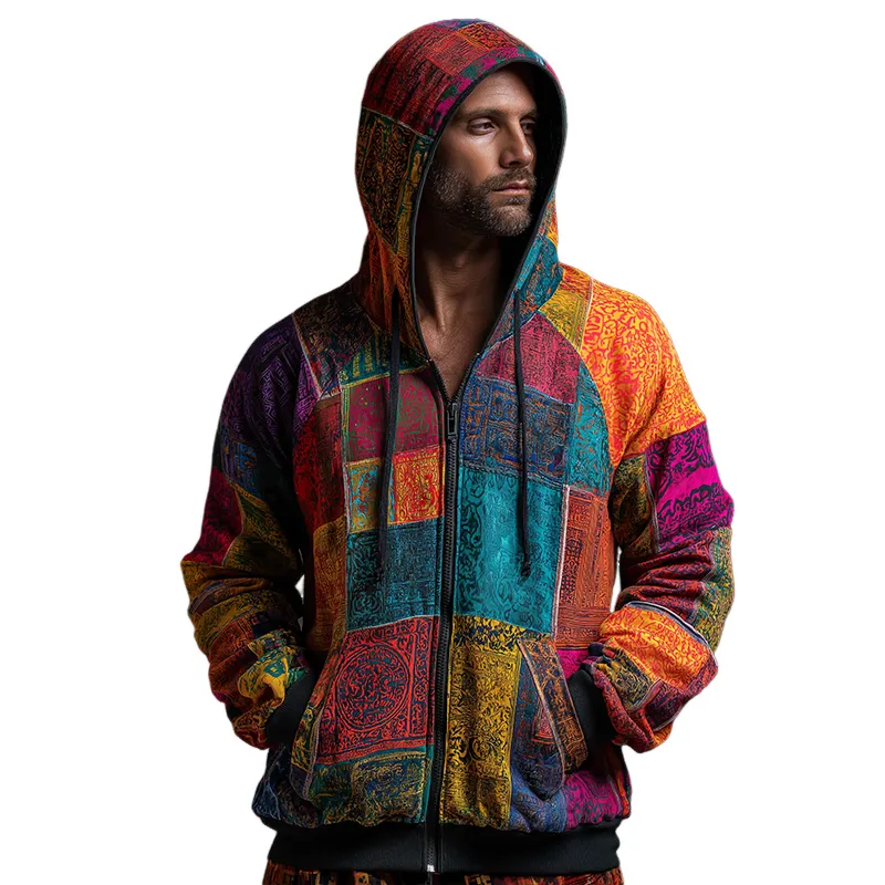 Men's Retro Casual Hippie Print Zipper Hooded Sweatshirt MTA0726H4TO sold by Manly