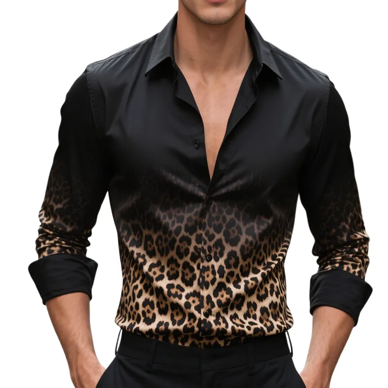 Men's Retro Casual Gradient Leopard Print Satin Lapel Long Sleeve Shirt MTA0803H6TO sold by Manly
