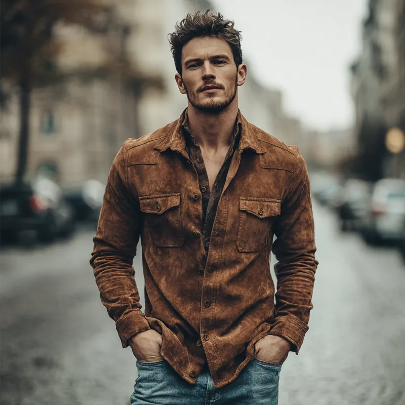 Men's Vintage Faux Suede Multi-Pocket Long Sleeve Shirt MTA0724H3X sold by Manly product image thumbnail 4