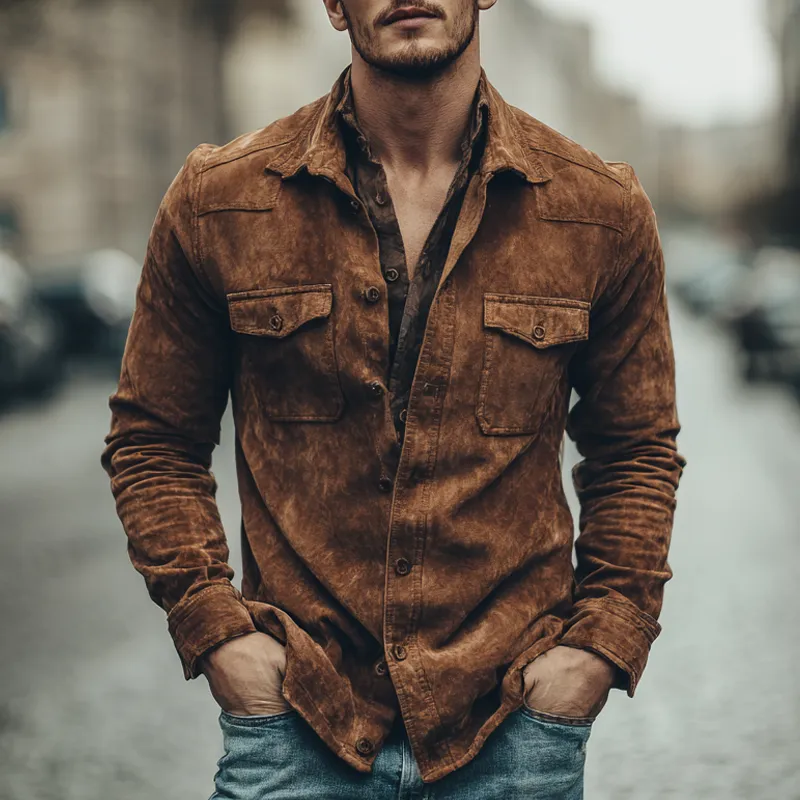 Men's Vintage Faux Suede Multi-Pocket Long Sleeve Shirt MTA0724H3X sold by Manly product image thumbnail 2