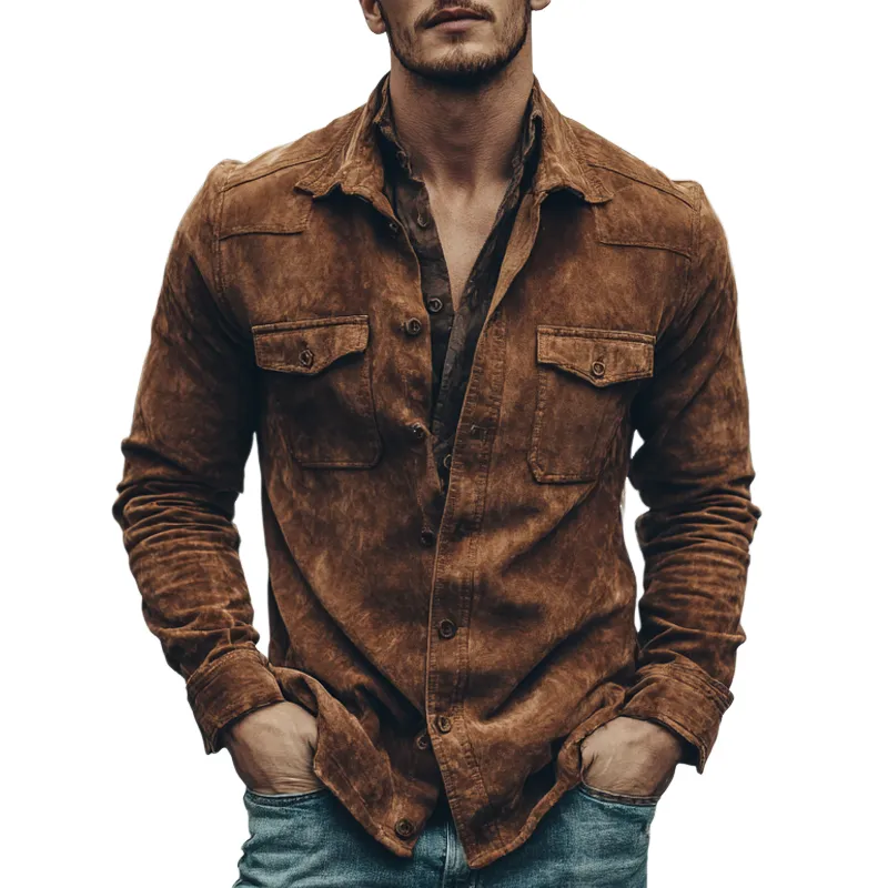 Men's Vintage Faux Suede Multi-Pocket Long Sleeve Shirt MTA0724H3X sold by Manly