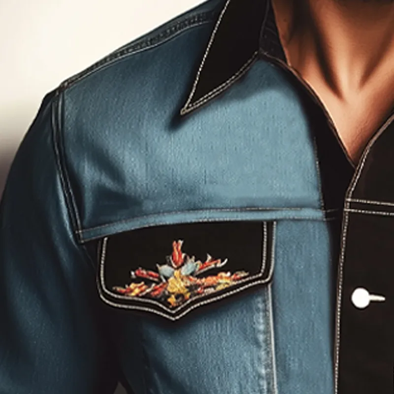 Men's Vintage Distressed Denim Colorblock Embroidered Long-sleeved Shirt MTA0745H9U sold by Manly product image thumbnail 4