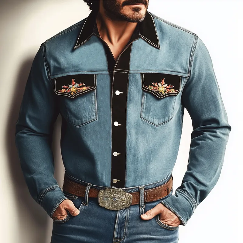 Men's Vintage Distressed Denim Colorblock Embroidered Long-sleeved Shirt MTA0745H9U sold by Manly product image thumbnail 2