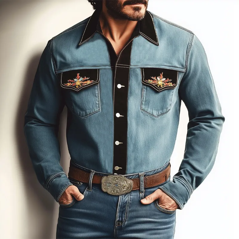 Men's Vintage Distressed Denim Colorblock Embroidered Long-sleeved Shirt MTA0745H9U sold by Manly product image thumbnail 3