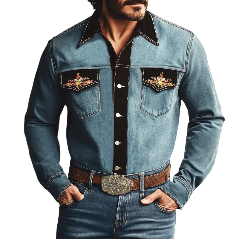 Men's Vintage Distressed Denim Colorblock Embroidered Long-sleeved Shirt MTA0745H9U sold by Manly