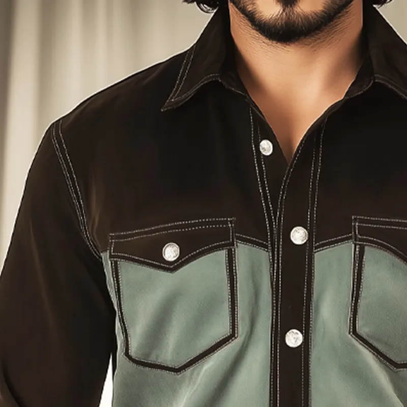 Men's Western Style Vintage Suede Colorblock Long Sleeve Shirt MTA0852H6U sold by Manly product image thumbnail 2