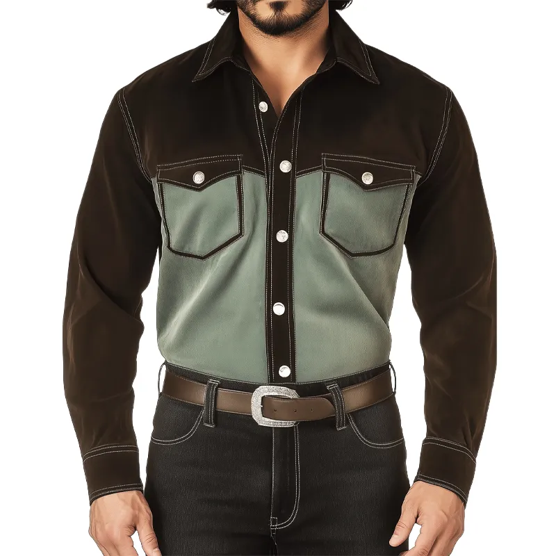 Men's Western Style Vintage Suede Colorblock Long Sleeve Shirt MTA0852H6U sold by Manly