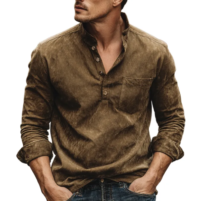 Men's Retro Stand Collar Pullover Long Sleeve Shirt MTA0744H7X sold by Manly