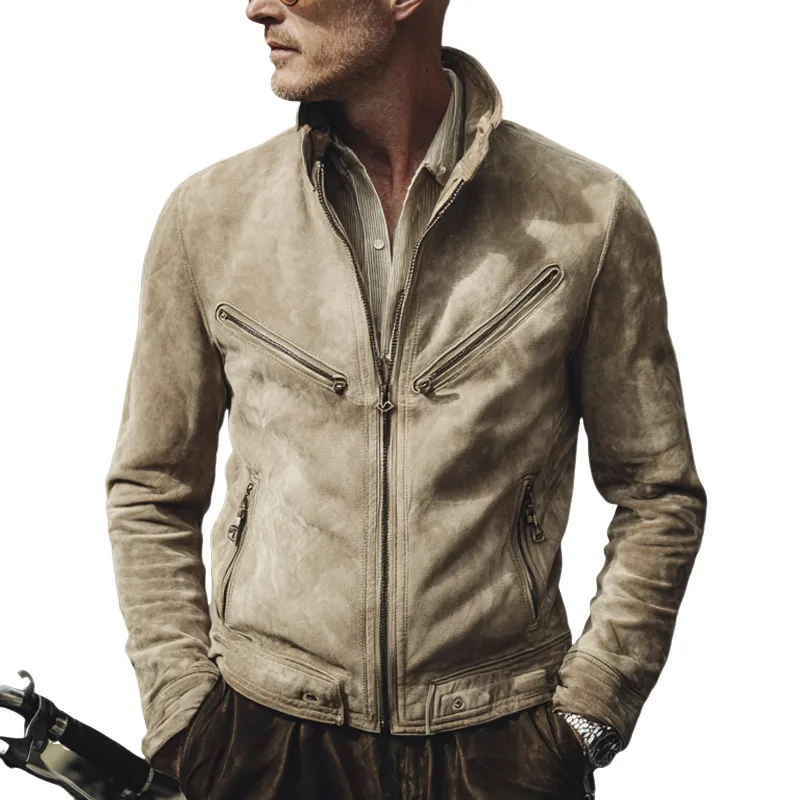 Men's Vintage Solid Color Faux Suede Stand Collar Zipper Jacket MTA0762H2X sold by Manly