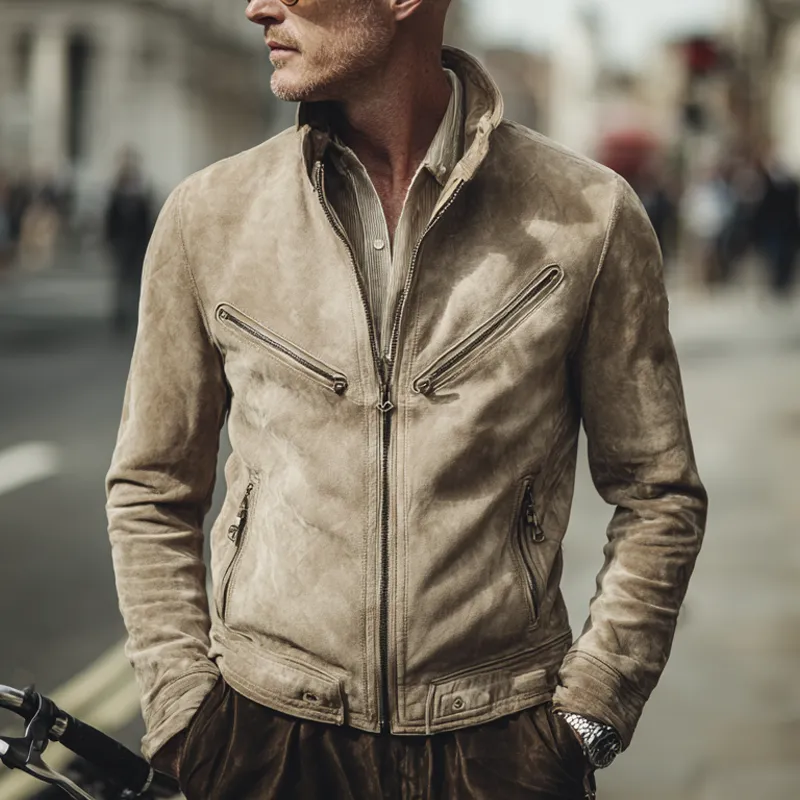 Men's Vintage Solid Color Faux Suede Stand Collar Zipper Jacket MTA0762H2X sold by Manly product image thumbnail 2