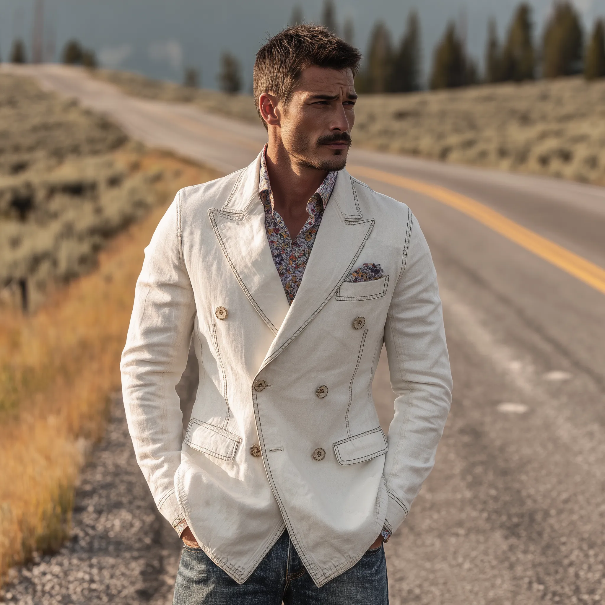 Men's Classic Vintage Washed Denim Double-breasted Slim-fit Blazer MTA0820H3K sold by Manly product image thumbnail 3