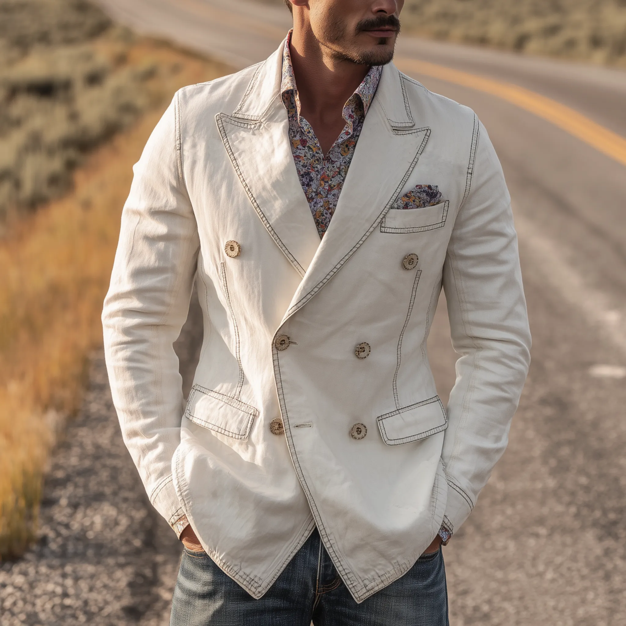 Men's Classic Vintage Washed Denim Double-breasted Slim-fit Blazer MTA0820H3K sold by Manly product image thumbnail 2