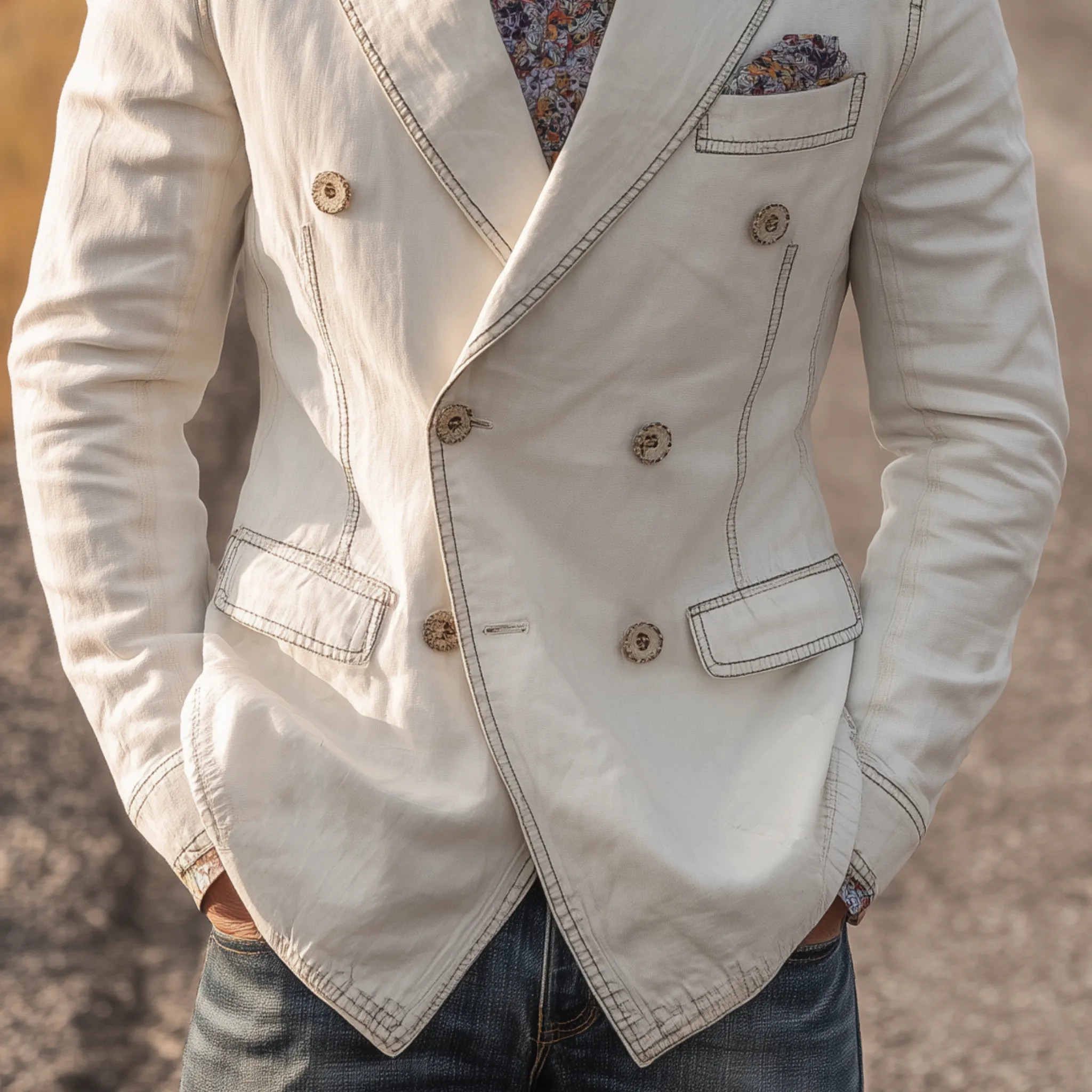 Men's Classic Vintage Washed Denim Double-breasted Slim-fit Blazer MTA0820H3K sold by Manly product image thumbnail 5