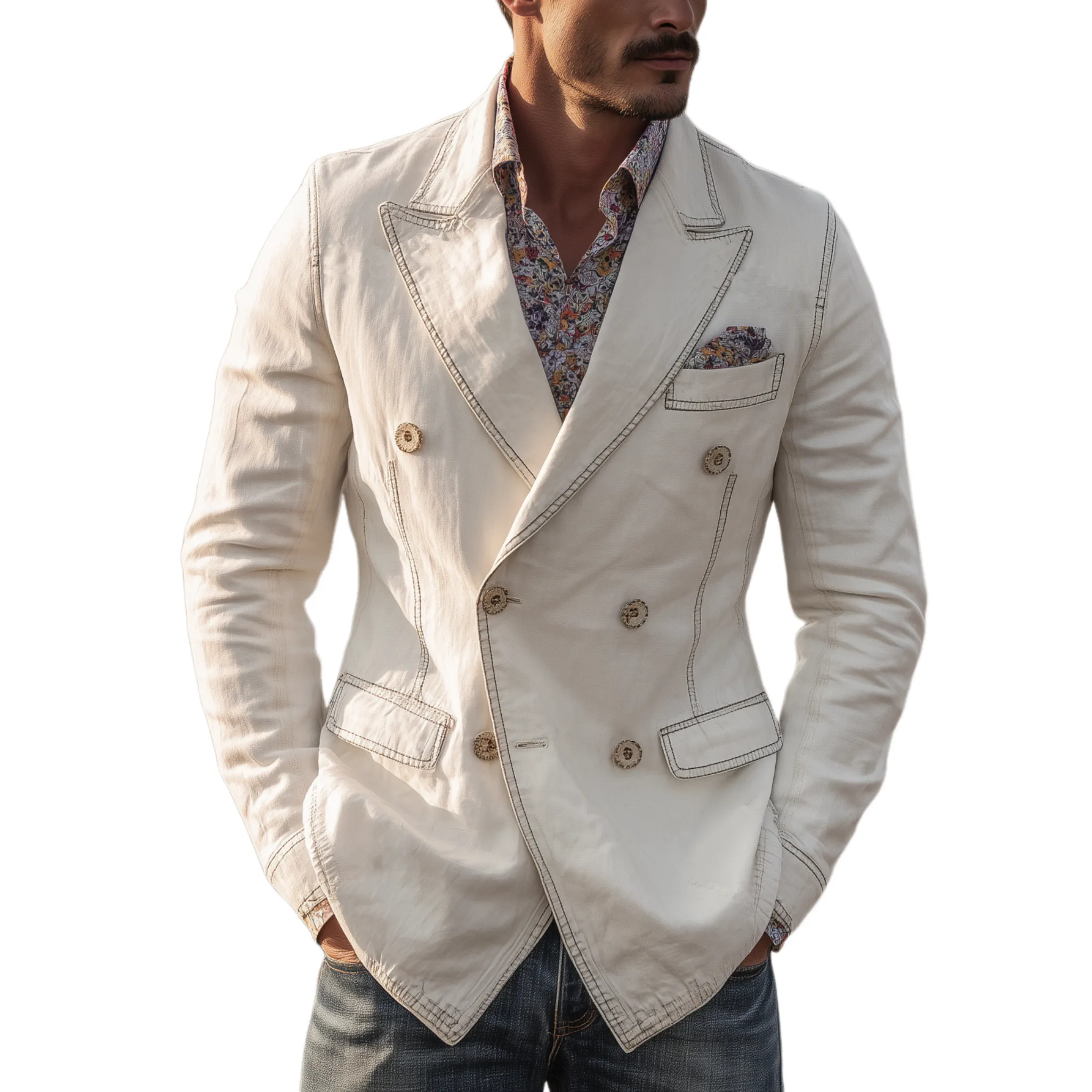 Men's Classic Vintage Washed Denim Double-breasted Slim-fit Blazer MTA0820H3K sold by Manly