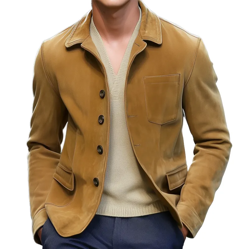 Men's Spring And Autumn Vintage Lapel Button Suede Jacket MTA1102H6U sold by Manly