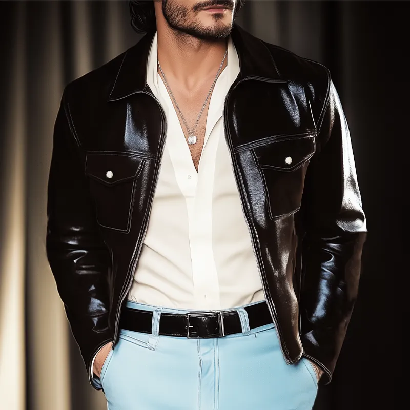 Men's Vintage Waxed Leather Lapel Zipper Jacket MTA1153H4U sold by Manly product image thumbnail 2