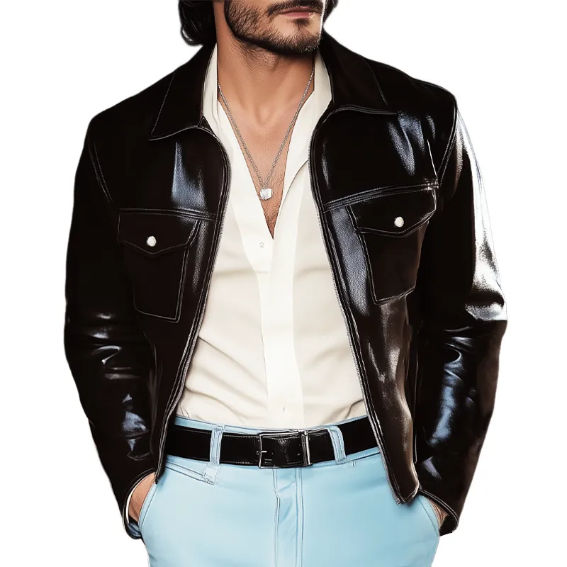 Men's Vintage Waxed Leather Lapel Zipper Jacket MTA1153H4U sold by Manly