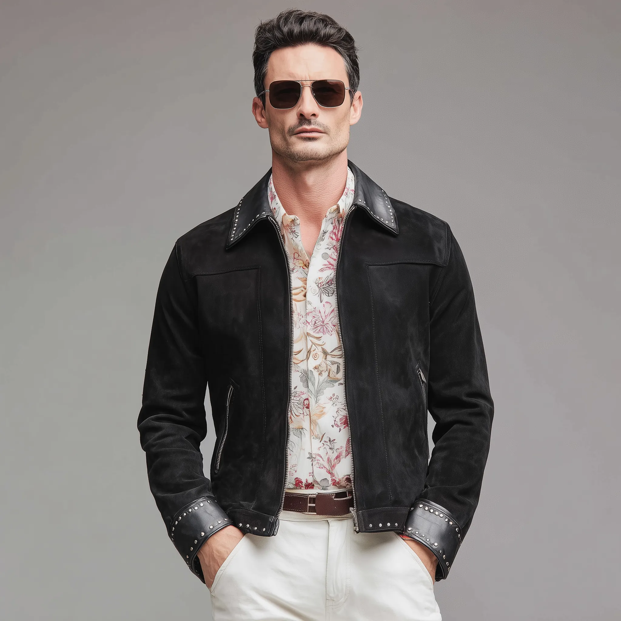 Men's Classic Casual PU Leather Lapel And Cuffs PU Leather Decoration Metal Rivet Zipper Suede Jacket MTA1140H7K sold by Manly product image thumbnail 3