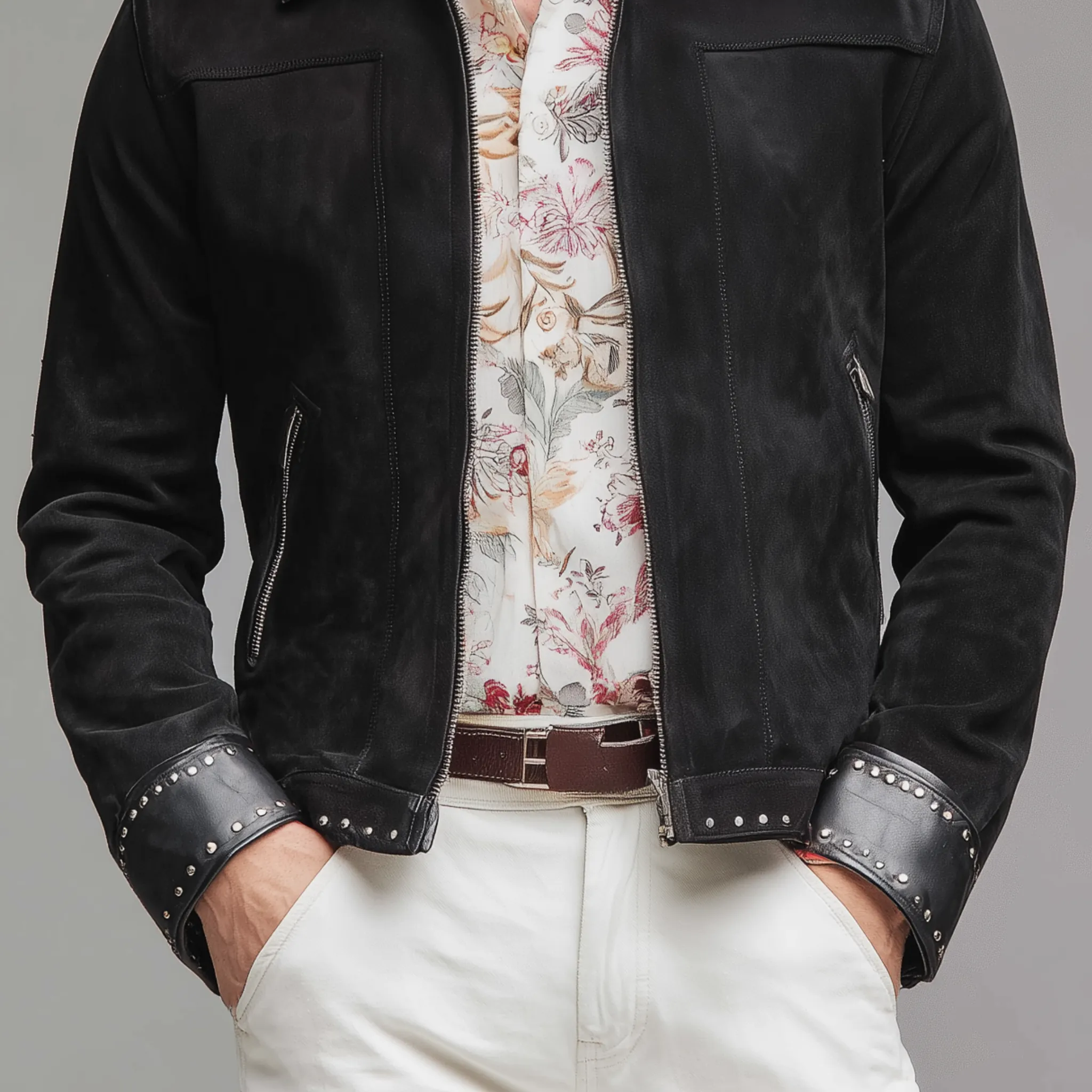 Men's Classic Casual PU Leather Lapel And Cuffs PU Leather Decoration Metal Rivet Zipper Suede Jacket MTA1140H7K sold by Manly product image thumbnail 5