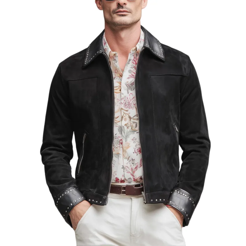 Men's Classic Casual PU Leather Lapel And Cuffs PU Leather Decoration Metal Rivet Zipper Suede Jacket MTA1140H7K sold by Manly