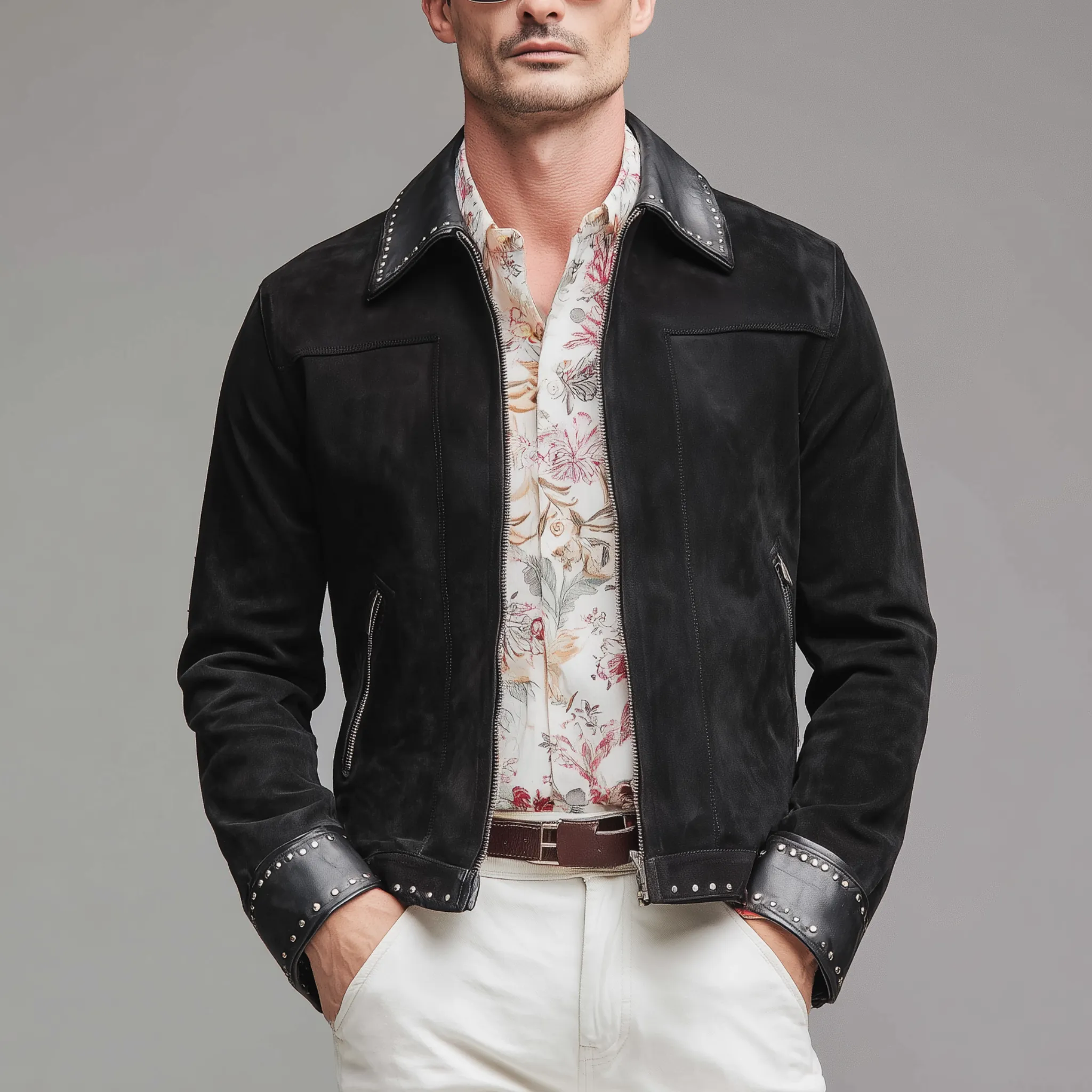 Men's Classic Casual PU Leather Lapel And Cuffs PU Leather Decoration Metal Rivet Zipper Suede Jacket MTA1140H7K sold by Manly product image thumbnail 2