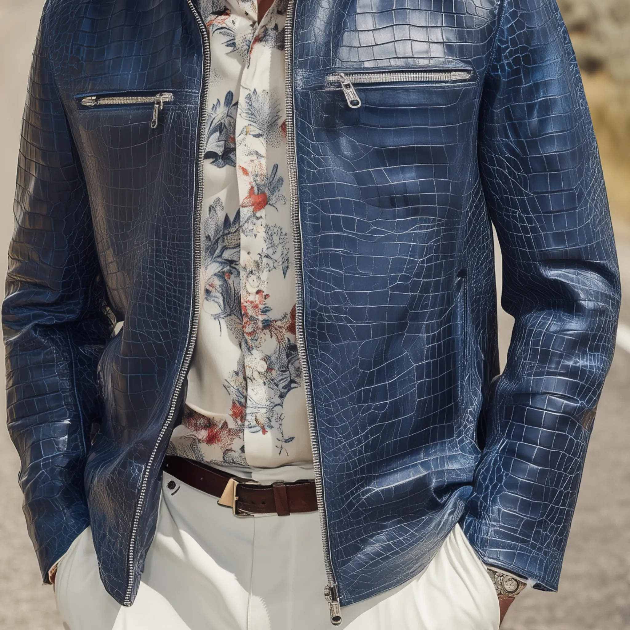 Men's Classic Casual Textured Leather Zipper Stand Collar Jacket MTA1191H0K sold by Manly product image thumbnail 5