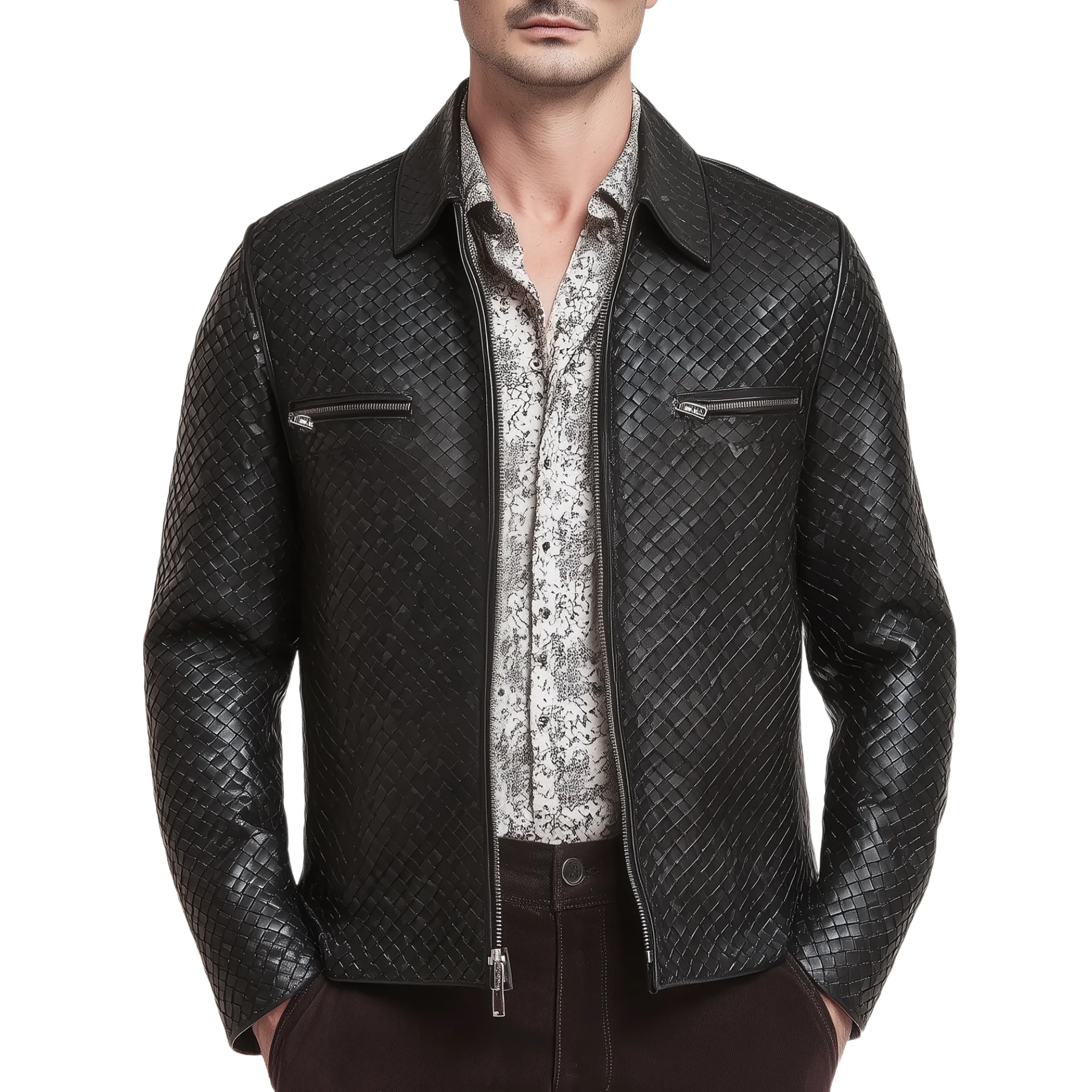 Men's Classic Casual Woven Textured Leather Zip-Up Jacket MTA1129H7K sold by Manly