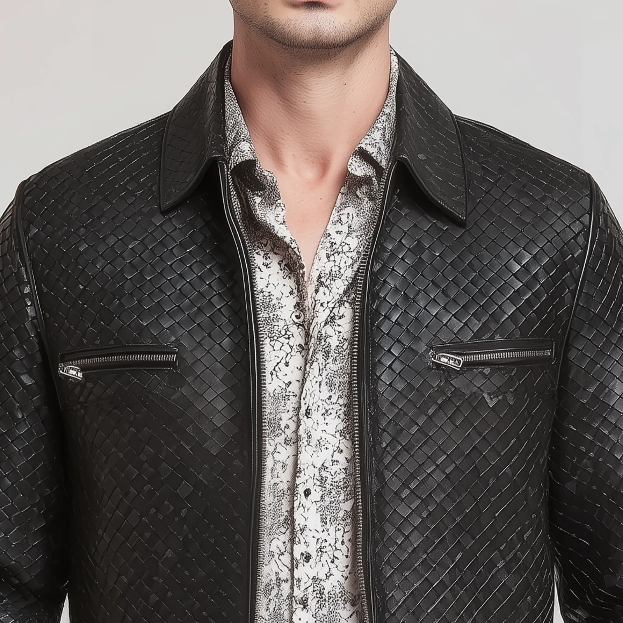 Men's Classic Casual Woven Textured Leather Zip-Up Jacket MTA1129H7K sold by Manly product image thumbnail 4