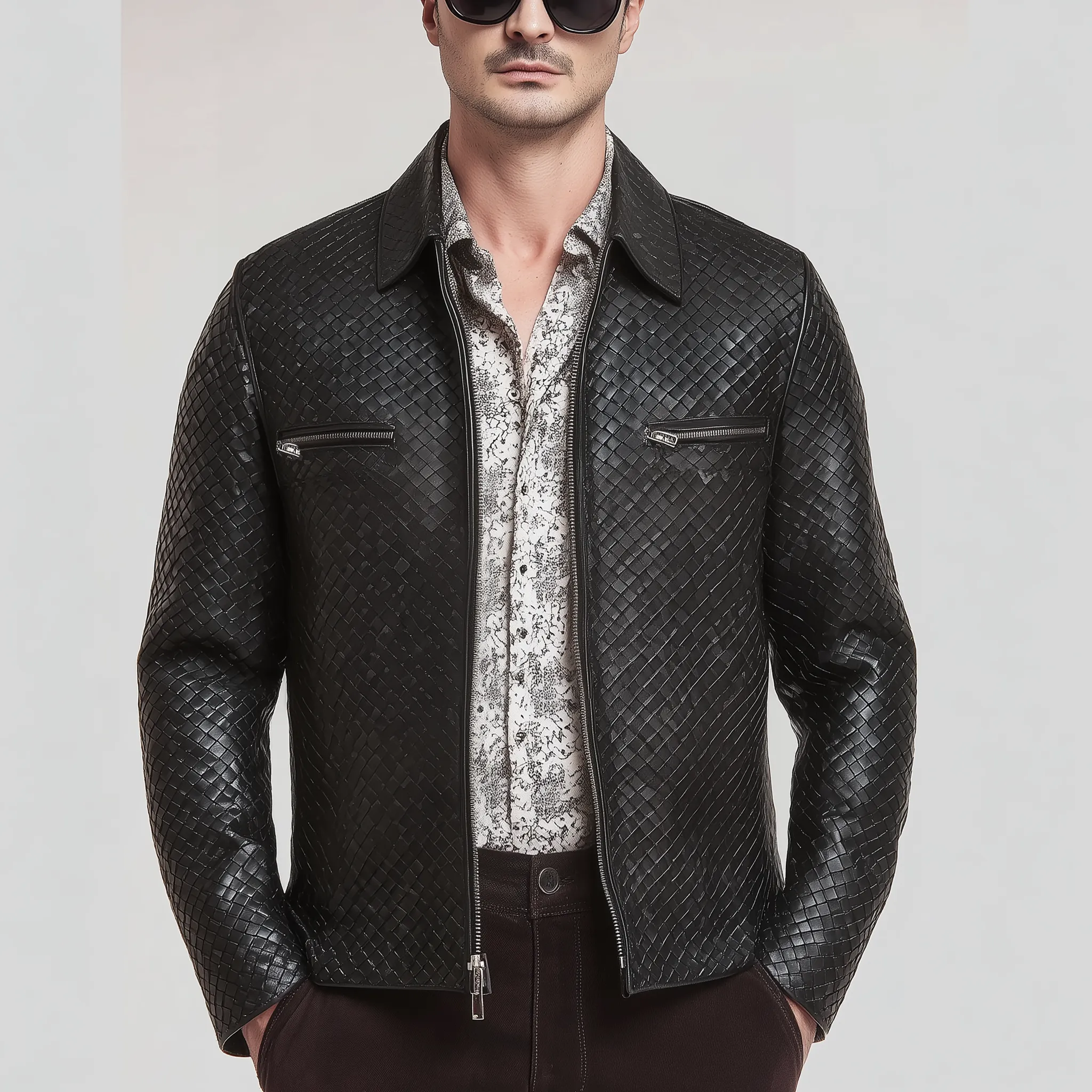 Men's Classic Casual Woven Textured Leather Zip-Up Jacket MTA1129H7K sold by Manly product image thumbnail 3