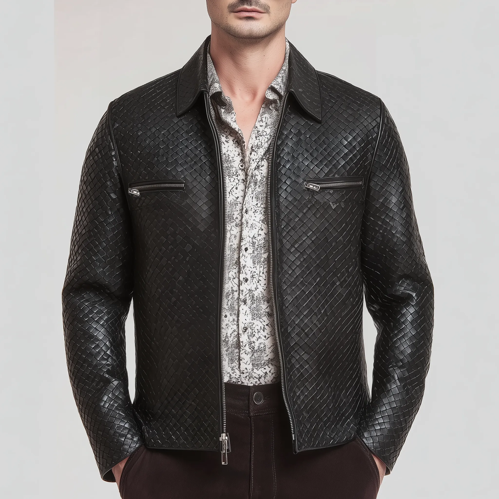 Men's Classic Casual Woven Textured Leather Zip-Up Jacket MTA1129H7K sold by Manly product image thumbnail 2