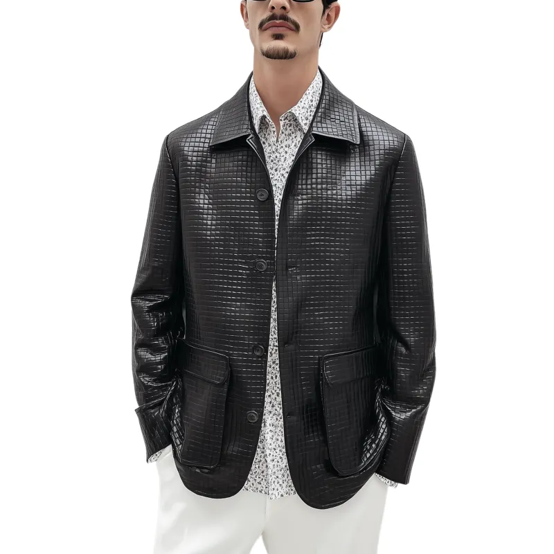Men's Classic Casual Woven Textured Leather Single Breasted Jacket MTA1138H9K sold by Manly