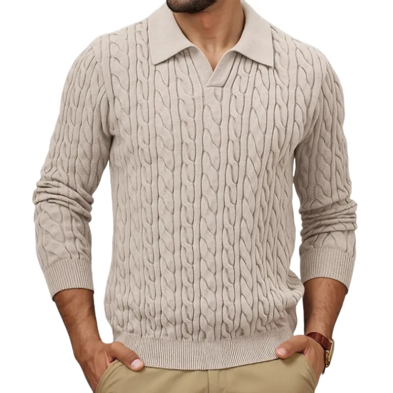 Men's Vintage Solid Color Polo Collar Single-Breasted Slim Fit Cable Knit Pullover Sweater MTA1196H9M sold by Manly