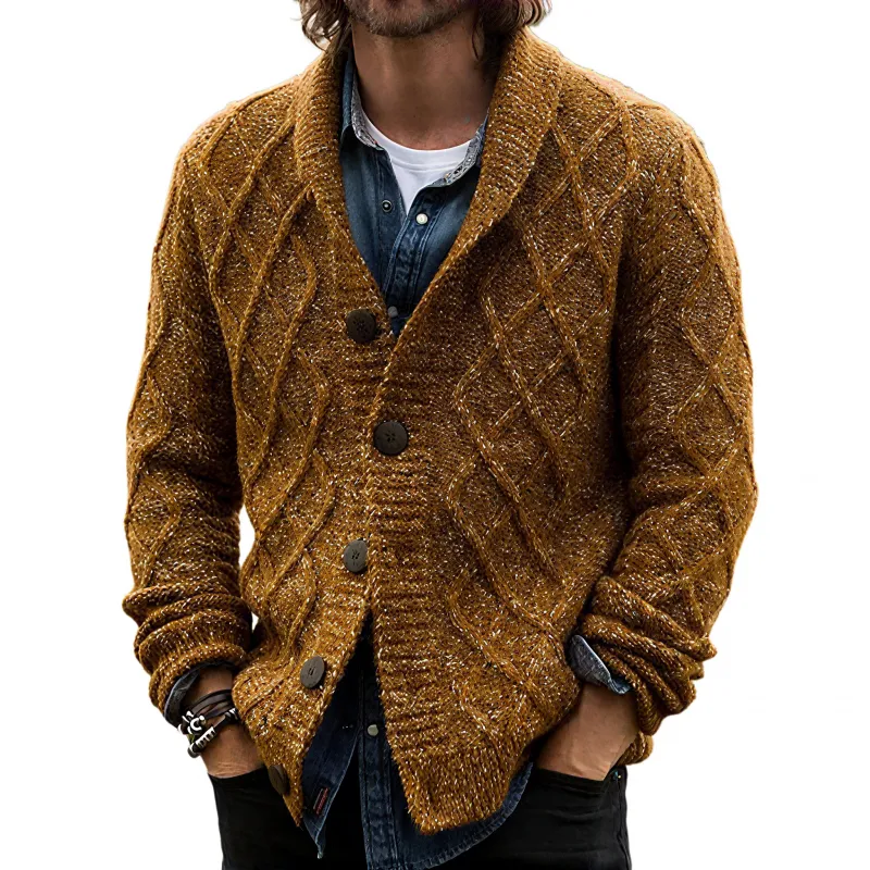 Men's Vintage Shawl Collar Single-Breasted Loose Diamond Jacquard Knit Cardigan MTA1156H6M sold by Manly