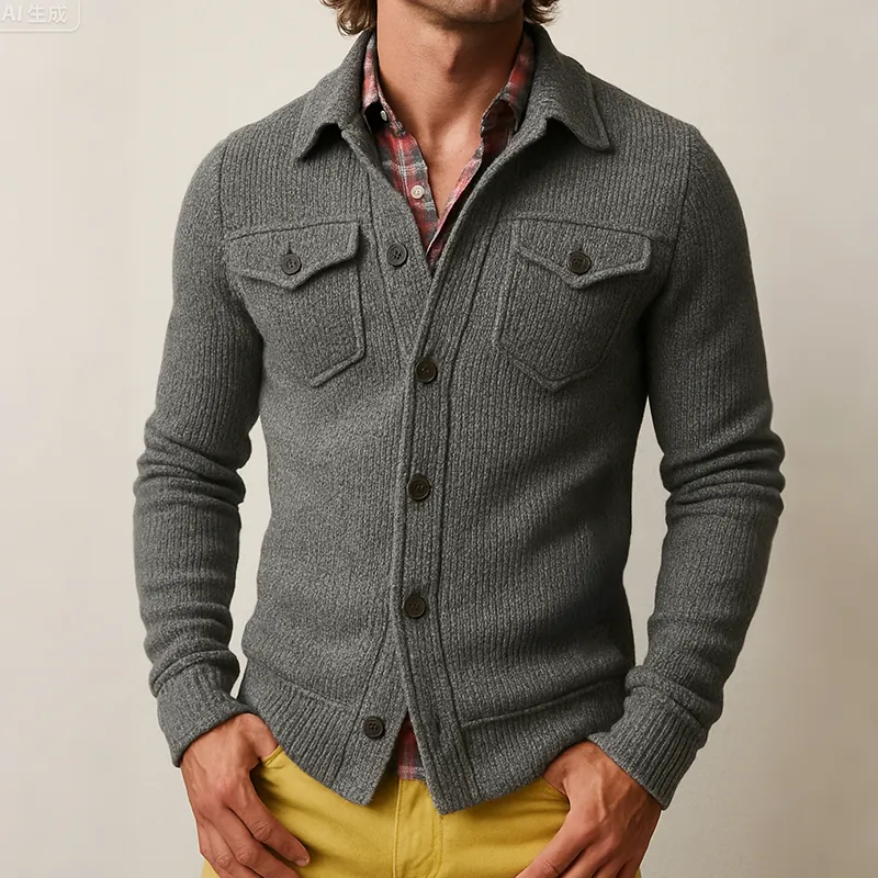 Men's Retro Casual Solid Color Knitted Lapel Long Sleeve Shirt Jacket MTA0614H9TO sold by Manly product image thumbnail 2