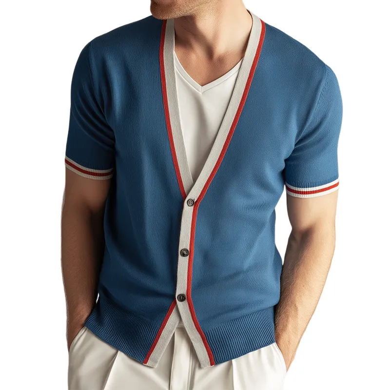 Men's Retro Casual Contrast Color Knitted Short Sleeve Sweater MTA0639H4TO sold by Manly