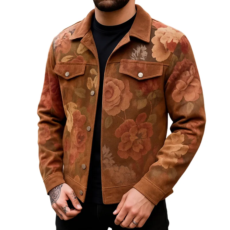 Men's Vintage Casual Floral Print Suede Lapel Jacket MTA0843H1TO sold by Manly