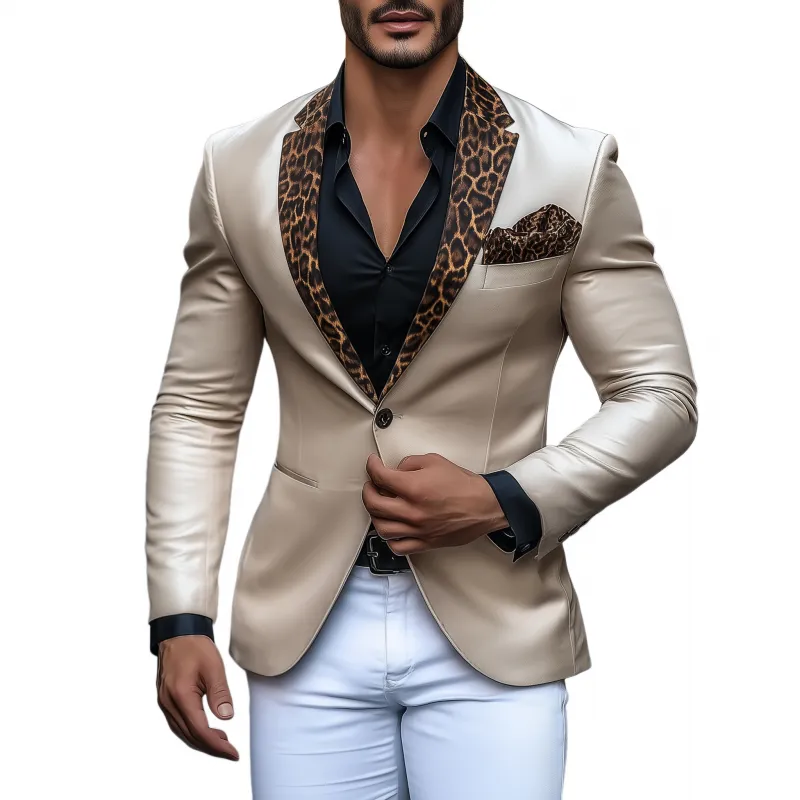 Men's Stylish Elegant Leopard Print Satin Patchwork Notch Lapel Single-breasted Slim-fit Blazer MTA0861H3M sold by Manly