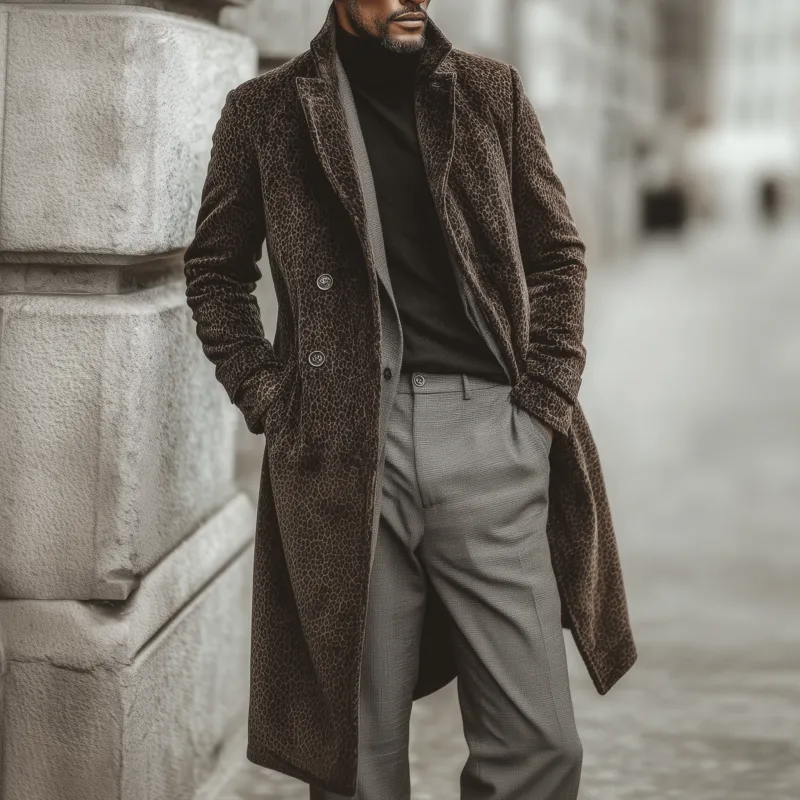 Men's Fashion Vintage Leopard Velvet Notch Lapel Double Breasted Slim Knee-Length Coat MTA0773H4M sold by Manly product image thumbnail 2