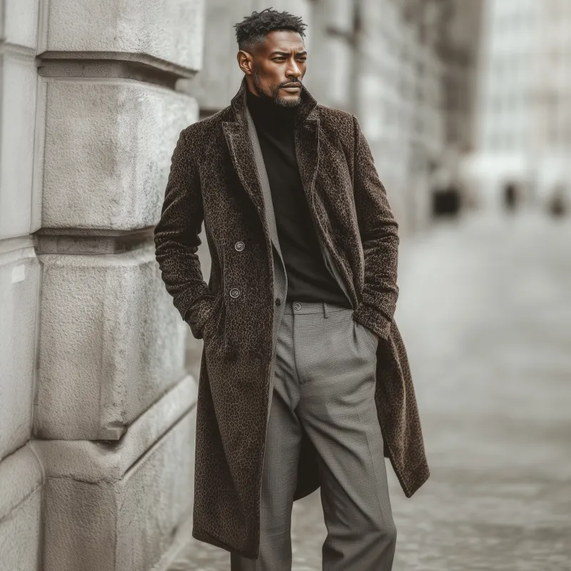 Men's Fashion Vintage Leopard Velvet Notch Lapel Double Breasted Slim Knee-Length Coat MTA0773H4M sold by Manly product image thumbnail 3