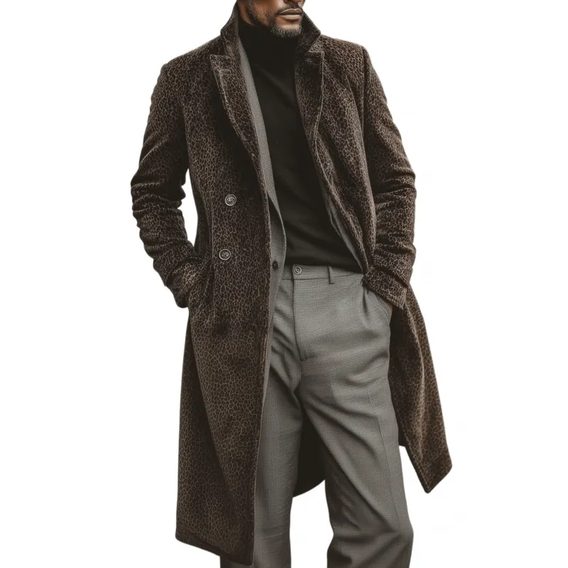 Men's Fashion Vintage Leopard Velvet Notch Lapel Double Breasted Slim Knee-Length Coat MTA0773H4M sold by Manly