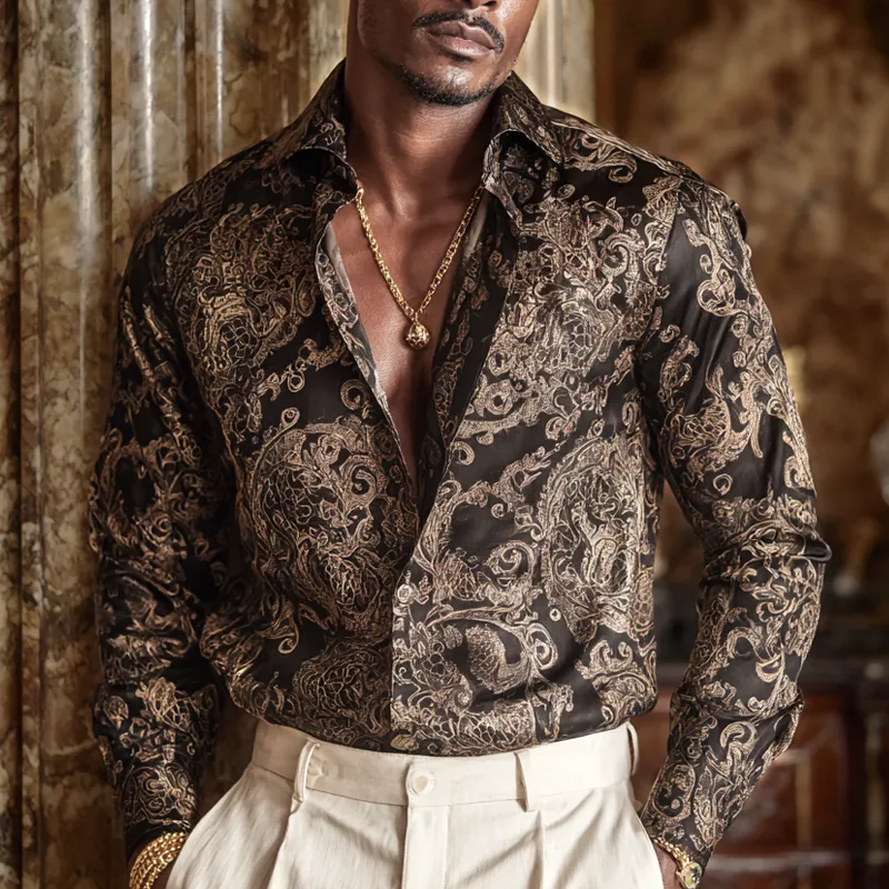 Men's Vintage Print Satin Lapel Long Sleeve Shirt MTA1193H7Z sold by Manly product image thumbnail 2