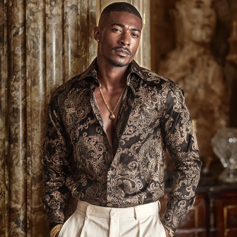 Men's Vintage Print Satin Lapel Long Sleeve Shirt MTA1193H7Z sold by Manly product image thumbnail 3