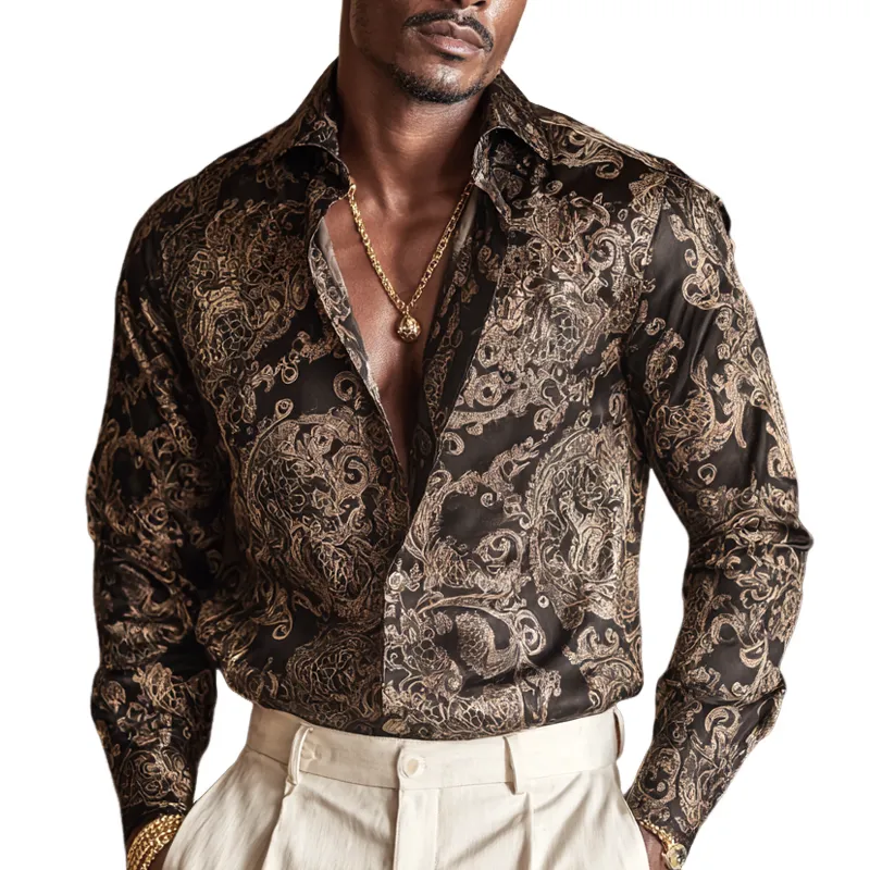 Men's Vintage Print Satin Lapel Long Sleeve Shirt MTA1193H7Z sold by Manly