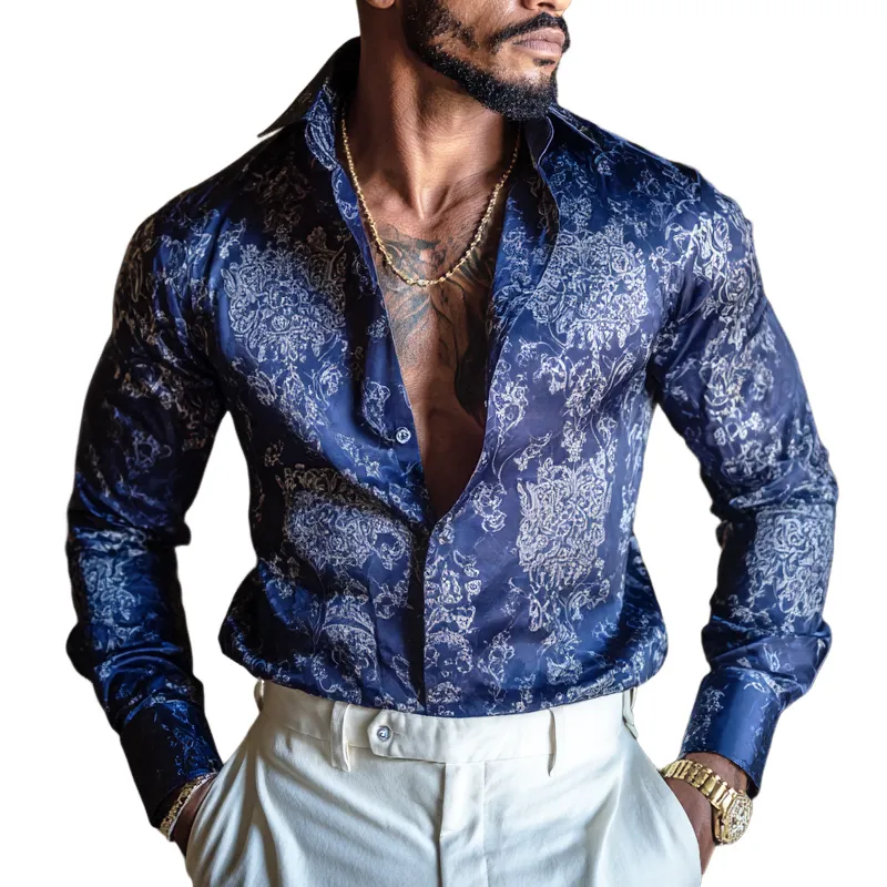 Men's Vintage Print Satin Lapel Long Sleeve Shirt MTA1186H1Z sold by Manly