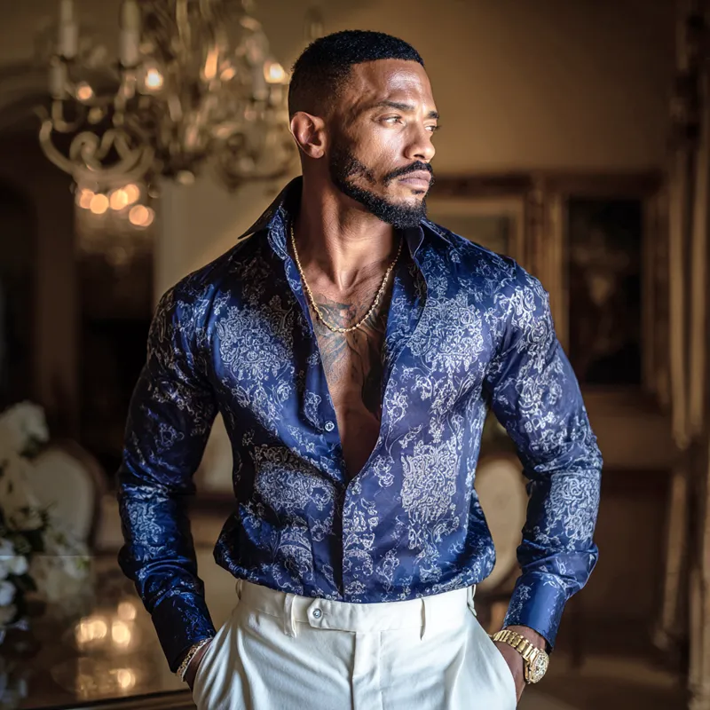 Men's Vintage Print Satin Lapel Long Sleeve Shirt MTA1186H1Z sold by Manly product image thumbnail 3