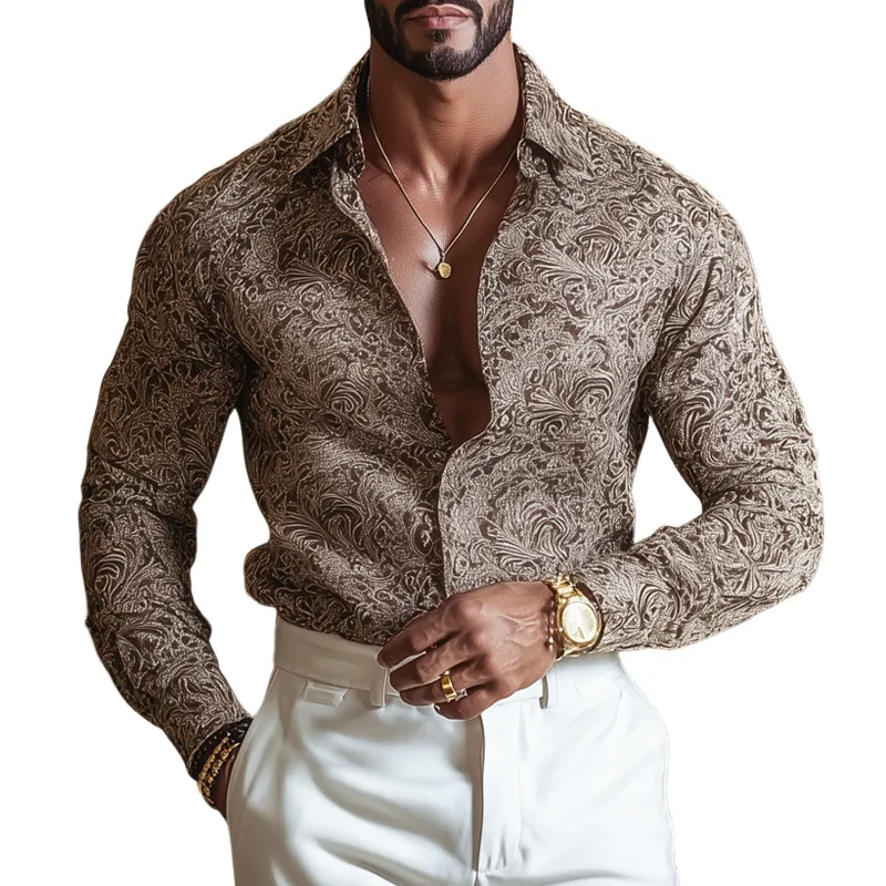 Men's Vintage Print Lapel Long Sleeve Shirt MTA1198H6Z sold by Manly