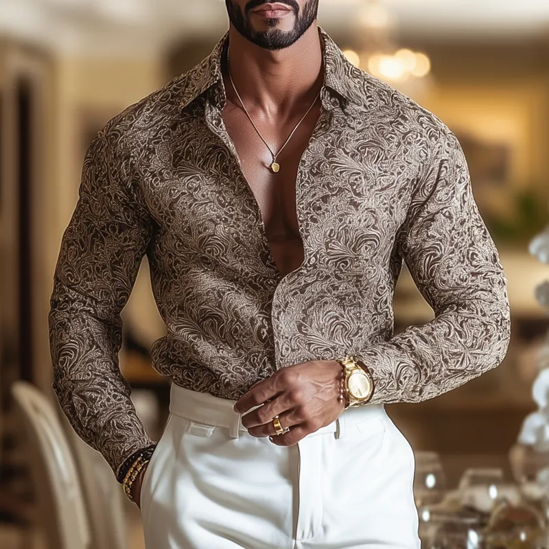 Men's Vintage Print Lapel Long Sleeve Shirt MTA1198H6Z sold by Manly product image thumbnail 2