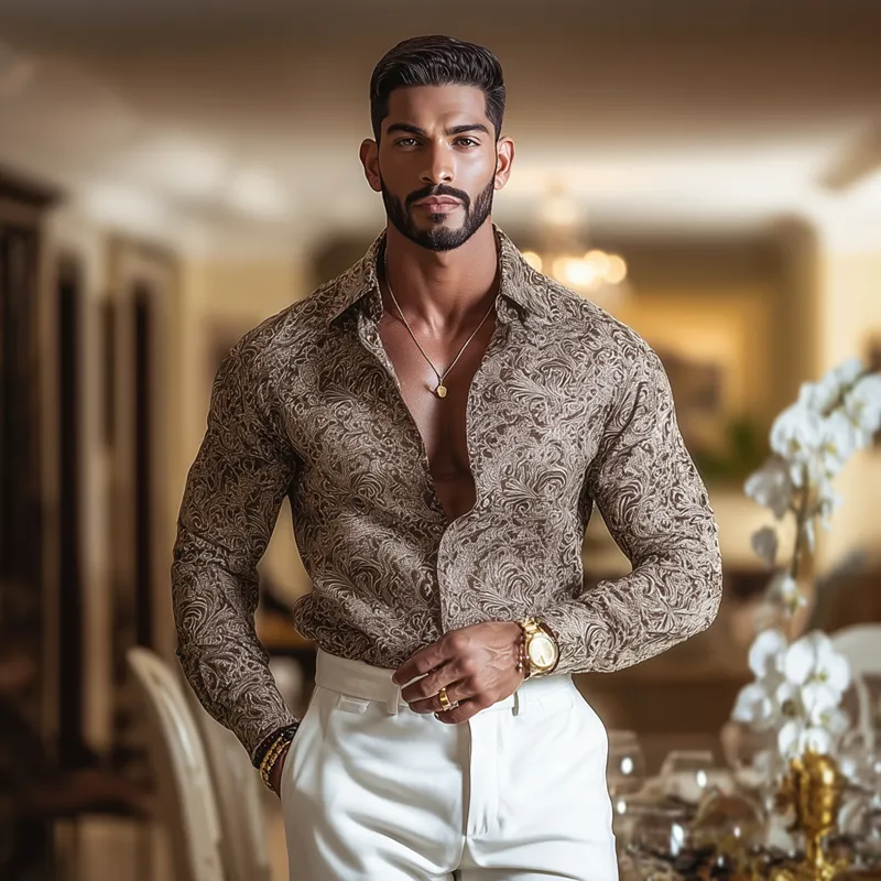 Men's Vintage Print Lapel Long Sleeve Shirt MTA1198H6Z sold by Manly product image thumbnail 4