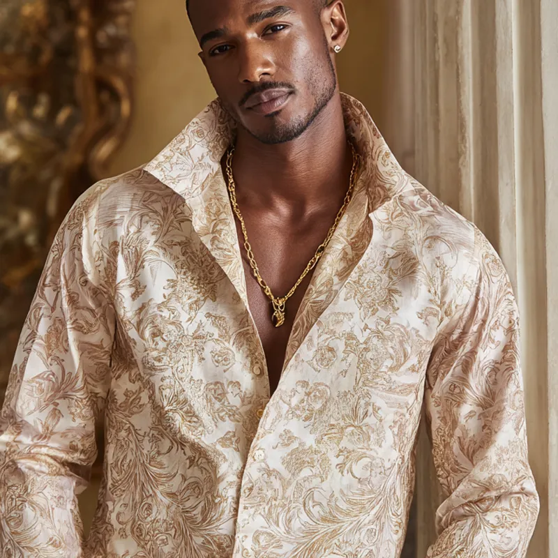 Men's Vintage Print Satin Lapel Long Sleeve Shirt MTA1133H3Z sold by Manly product image thumbnail 3